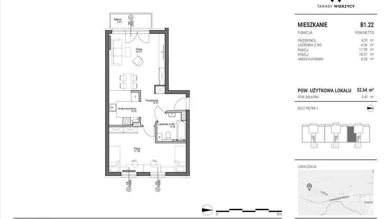 Rzut - Mieszkanie na sprzedaż 2 pokoje o powierzchni 52,64 m² - numer B1.22 w Tarasy Wierzycy