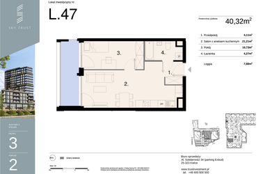 Rzut - Mieszkanie na sprzedaż 2 pokoje o powierzchni 40,32 m² - numer L47 w Sky Trust etap II - apartamenty inwestycyjne 23% VAT PRS