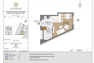 Rzut - Mieszkanie na sprzedaż 1 pokój o powierzchni 29,15 m² - numer A23 w Lipowa 45