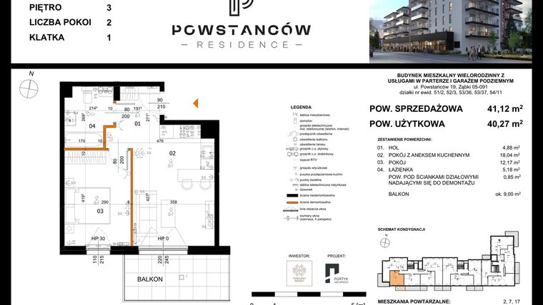Rzut - Mieszkanie na sprzedaż 2 pokoje o powierzchni 44,15 m² - numer 12 w Powstańców Residence