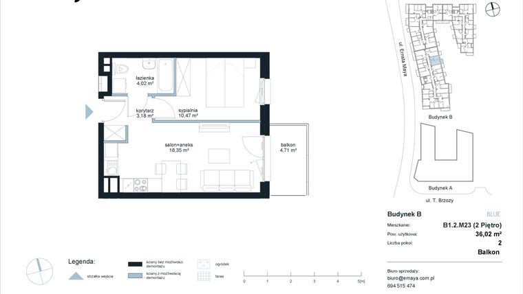 Rzut - Mieszkanie na sprzedaż 2 pokoje o powierzchni 36,02 m² - numer B1.2.M23 w EMaya
