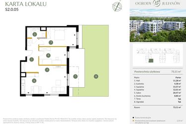 Rzut - Mieszkanie na sprzedaż 3 pokoje o powierzchni 73,11 m² - numer S2.0.05 w Ogrody Julianów