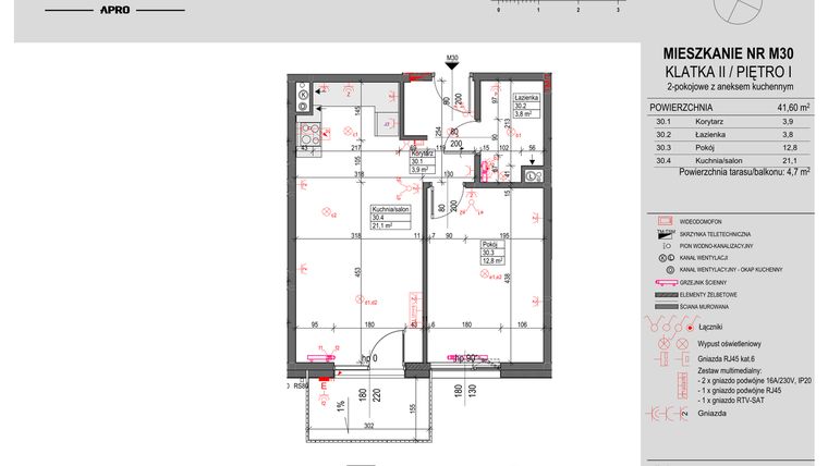 Rzut - Mieszkanie na sprzedaż 2 pokoje o powierzchni 41,6 m² - numer M30 w Antczaka 46