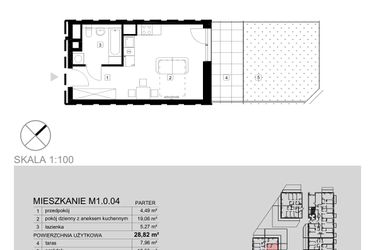 Rzut - Mieszkanie na sprzedaż 1 pokój o powierzchni 28,82 m² - numer M1.0.04 w Modern Helenów