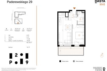 Rzut - Mieszkanie na sprzedaż 2 pokoje o powierzchni 40,74 m² - numer B46 w Paderewskiego 29