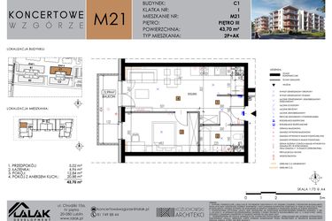 Rzut - Mieszkanie na sprzedaż 2 pokoje o powierzchni 43,7 m² - numer C1_M21 w Koncertowe Wzgórze etap II