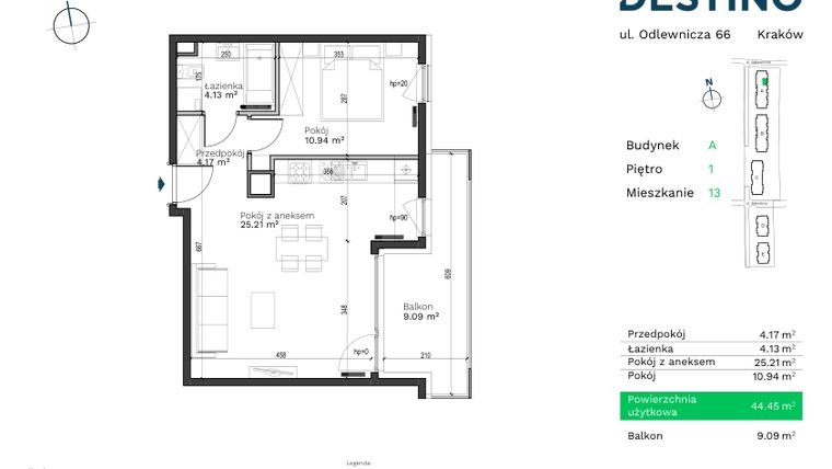 Rzut - Mieszkanie na sprzedaż 2 pokoje o powierzchni 44,45 m² - numer A-13 w Destino