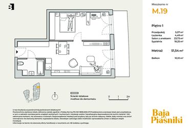 Rzut - Mieszkanie na sprzedaż 2 pokoje o powierzchni 51,54 m² - numer M19 w Baja Piaśniki