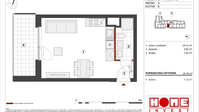 Rzut - Mieszkanie na sprzedaż 1 pokój o powierzchni 29,76 m² - numer B1-B113 w Warszawski Świt etap VIII