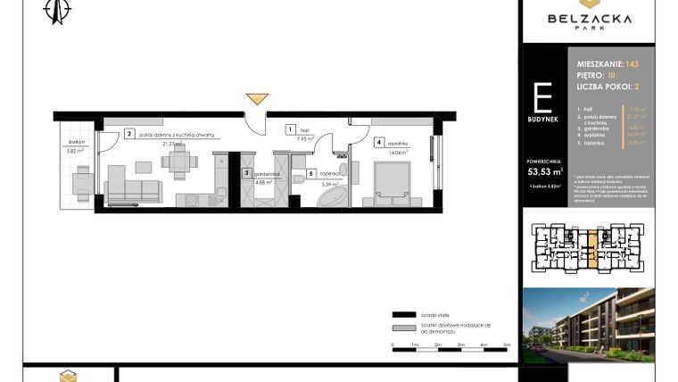 Rzut - Mieszkanie na sprzedaż 2 pokoje o powierzchni 53,53 m² - numer E.143 w Belzacka Park etap III