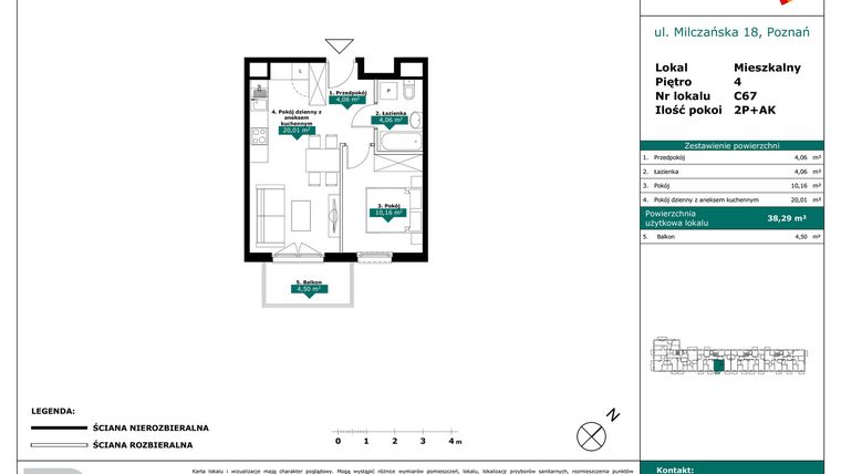 Rzut - Mieszkanie na sprzedaż 2 pokoje o powierzchni 38,29 m² - numer C67 w Milczańska 18