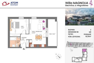 Rzut - Mieszkanie na sprzedaż 2 pokoje o powierzchni 43,76 m² - numer Bud.2-9 w Willa Magnolia