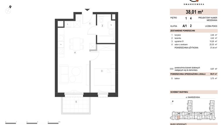 Rzut - Mieszkanie na sprzedaż 2 pokoje o powierzchni 38,01 m² - numer A/1/1.4 w Smardzewska 8