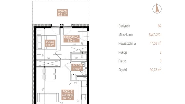 Rzut - Mieszkanie na sprzedaż 2 pokoje o powierzchni 46,48 m² - numer SWA/2/01/A w Apartamenty Świeradowska