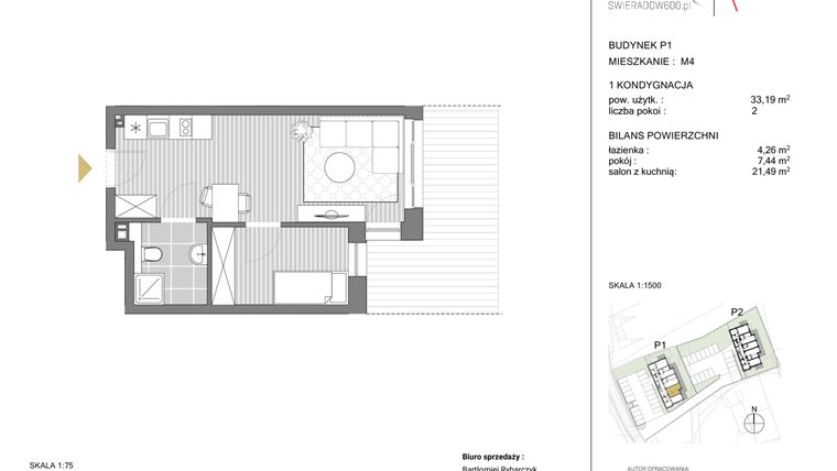 Rzut - Mieszkanie na sprzedaż 2 pokoje o powierzchni 33,11 m² - numer P1 M04 w Swieradow600