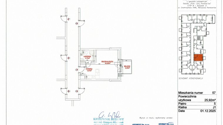 Rzut - Mieszkanie na sprzedaż 1 pokój o powierzchni 25,92 m² - numer J1-57 w Park Leśny Rembertów etap VIII