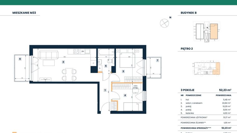 Rzut - Mieszkanie na sprzedaż 3 pokoje o powierzchni 51,17 m² - numer M33 w Reneta