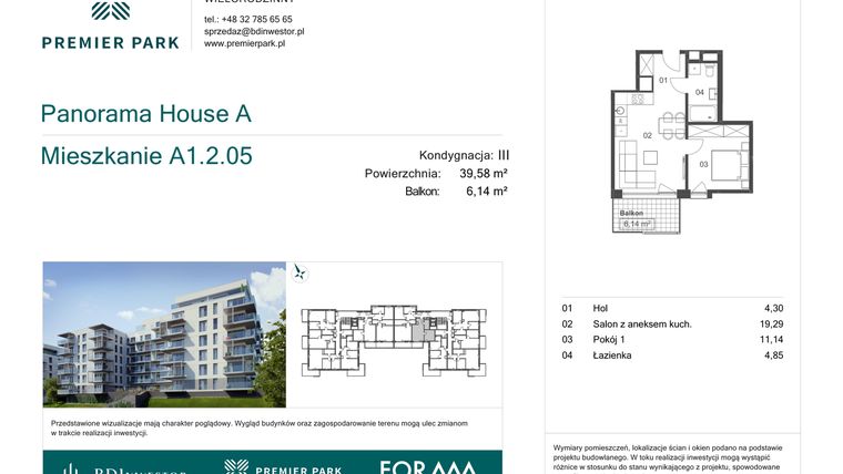Rzut - Mieszkanie na sprzedaż 2 pokoje o powierzchni 39,58 m² - numer A1.2.05 w Premier Park II