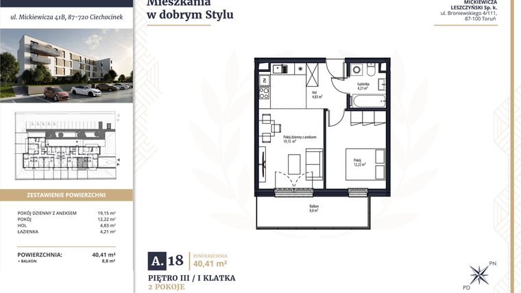 Rzut - Mieszkanie na sprzedaż 2 pokoje o powierzchni 40,41 m² - numer A18 w Mickiewicza