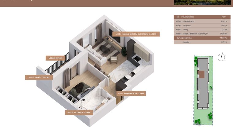 Rzut - Mieszkanie na sprzedaż 2 pokoje o powierzchni 45,5 m² - numer 16 w Apartamenty Częstochowska