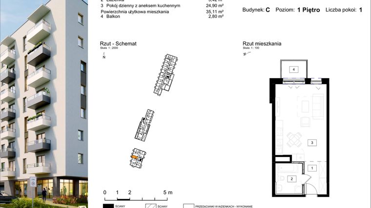 Rzut - Mieszkanie na sprzedaż 1 pokój o powierzchni 35,11 m² - numer C.12 w Osiedle Kochanowskiego - Gliwice