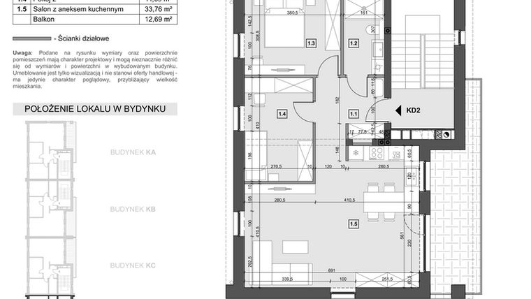 Rzut - Mieszkanie na sprzedaż 4 pokoje o powierzchni 69,15 m² - numer KD2 w Wzgórze Zelwerowicza