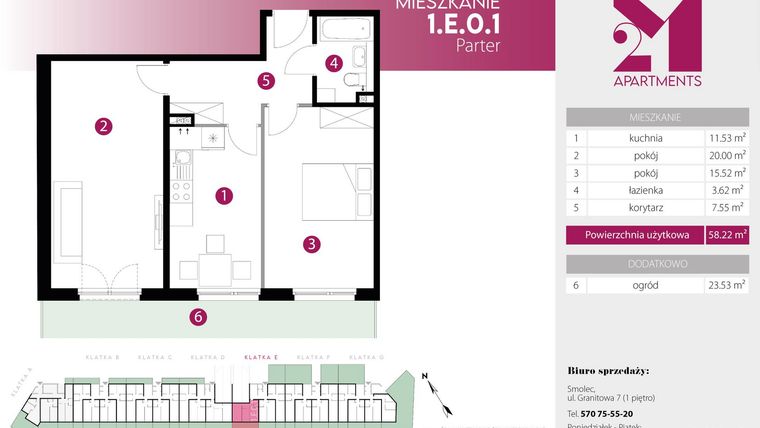 Rzut - Mieszkanie na sprzedaż 2 pokoje o powierzchni 58,22 m² - numer 1.E.0.1 w 2M Apartments etap IV