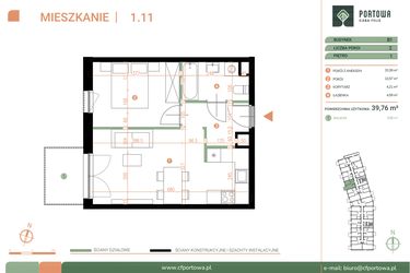 Rzut - Mieszkanie na sprzedaż 2 pokoje o powierzchni 39,76 m² - numer M.01.11 w Casa Feliz Portowa II