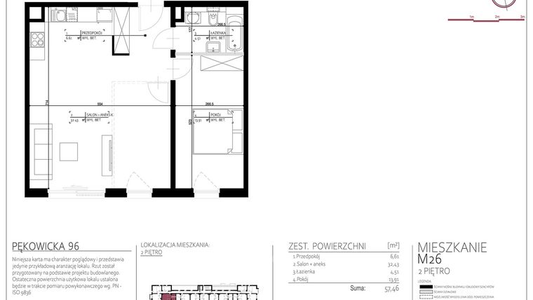 Rzut - Mieszkanie na sprzedaż 2 pokoje o powierzchni 57,46 m² - numer M26 w Pękowicka 96