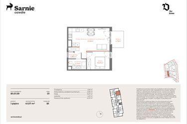 Rzut - Mieszkanie na sprzedaż 2 pokoje o powierzchni 41,07 m² - numer B1-01.09 w Sarnie Osiedle