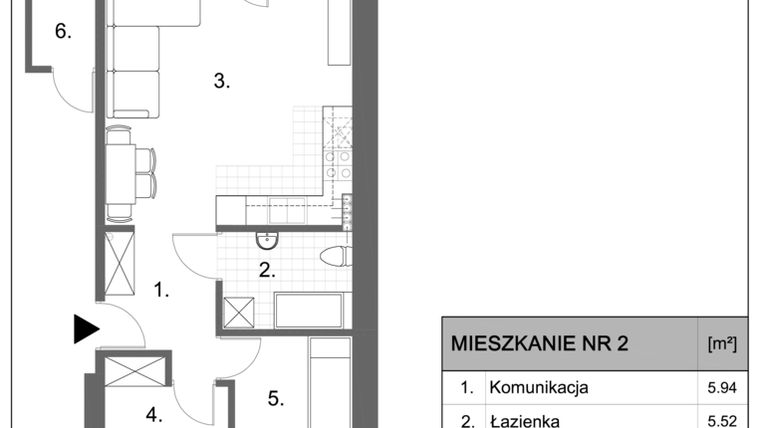 Rzut - Mieszkanie na sprzedaż 3 pokoje o powierzchni 56,65 m² - numer 1.M2 w Osiedle Potok