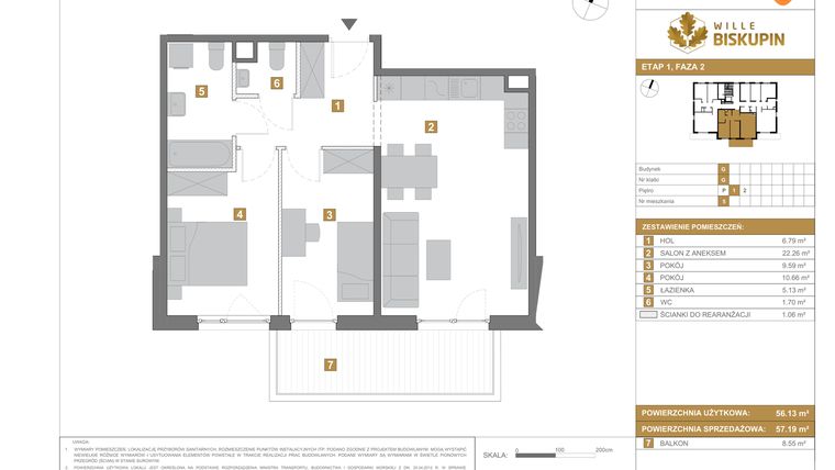 Rzut - Mieszkanie na sprzedaż 3 pokoje o powierzchni 57,19 m² - numer G.5 w Wille Biskupin II