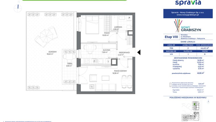Rzut - Mieszkanie na sprzedaż 2 pokoje o powierzchni 44,49 m² - numer 1156 w Nowy Grabiszyn VIII
