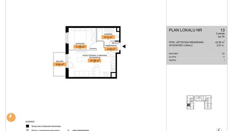 Rzut - Mieszkanie na sprzedaż 2 pokoje o powierzchni 42,55 m² - numer 13 w Zenit V