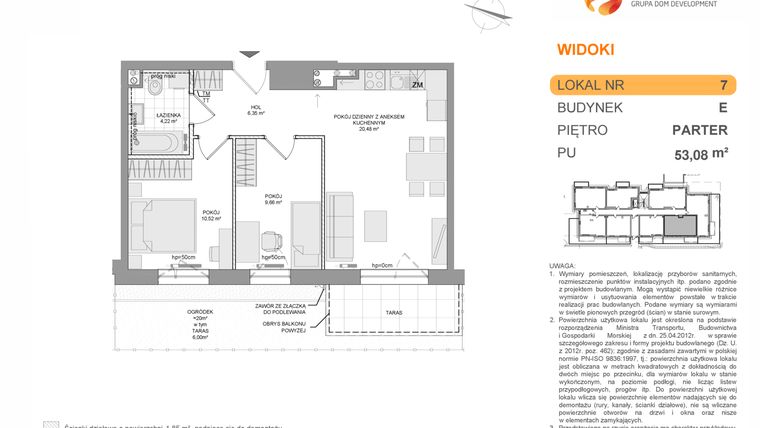 Rzut - Mieszkanie na sprzedaż 3 pokoje o powierzchni 53,08 m² - numer E7 w WIDOKI etap II