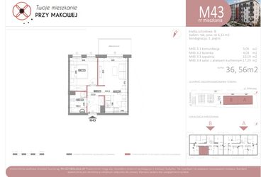 Rzut - Mieszkanie na sprzedaż 2 pokoje o powierzchni 36,56 m² - numer 43 w Przy Makowej