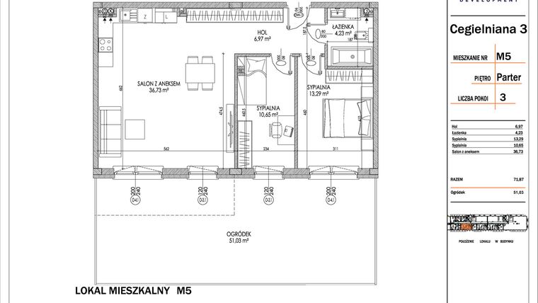Rzut - Mieszkanie na sprzedaż 3 pokoje o powierzchni 71,87 m² - numer 5 w Osiedle StaLove etap I