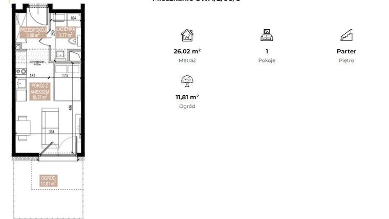 Rzut - Mieszkanie na sprzedaż 1 pokój o powierzchni 26,02 m² - numer SWA/2/06/C w Apartamenty Świeradowska