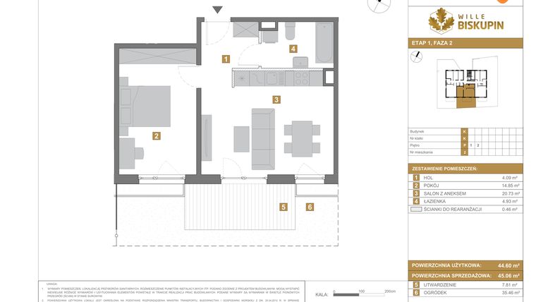 Rzut - Mieszkanie na sprzedaż 2 pokoje o powierzchni 45,06 m² - numer K.2 w Wille Biskupin II