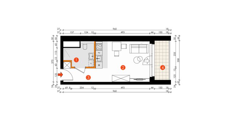 Rzut - Mieszkanie na sprzedaż 1 pokój o powierzchni 26,76 m² - numer 8E-140 w Platanowy Park etap IV