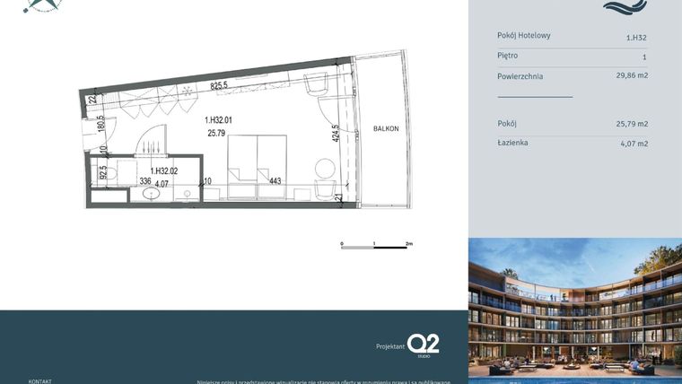 Rzut - Mieszkanie na sprzedaż 1 pokój o powierzchni 29,86 m² - numer 1.H32 w Linea Mare - apartamenty inwestycyjne