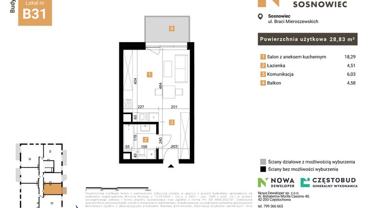 Rzut - Mieszkanie na sprzedaż 1 pokój o powierzchni 28,83 m² - numer 31 w Nowy Sosnowiec