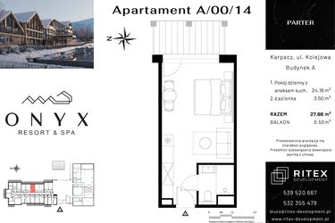 Rzut - Mieszkanie na sprzedaż 1 pokój o powierzchni 27,66 m² - numer 00.A14 w Onyx Resort & Spa