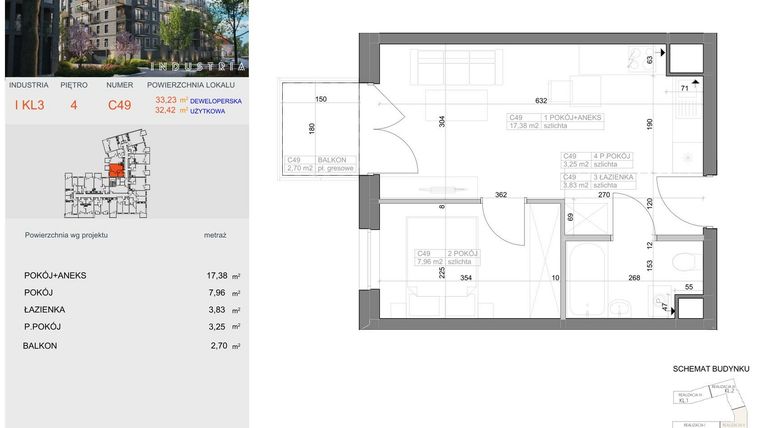 Rzut - Mieszkanie na sprzedaż 1 pokój o powierzchni 32,42 m² - numer I-C49 w Industria etap I-D
