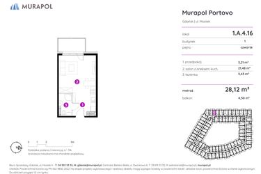 Rzut - Mieszkanie na sprzedaż 1 pokój o powierzchni 27,93 m² - numer 1.A.4.16 w Murapol Portovo etap II
