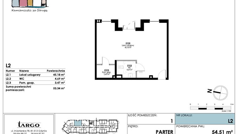 Rzut - Lokal użytkowy na sprzedaż 1 pokój o powierzchni 53,34 m² - numer L2 w Kamieniczki za Strugą