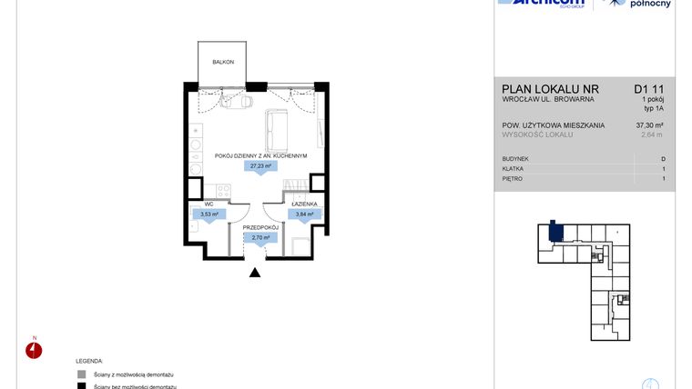 Rzut - Mieszkanie na sprzedaż 1 pokój o powierzchni 37,2 m² - numer D1.11 w Bulwar Północny