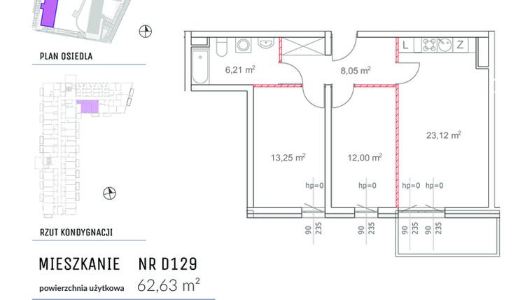 Rzut - Mieszkanie na sprzedaż 3 pokoje o powierzchni 62,63 m² - numer D129 w Osiedle Impresja 2