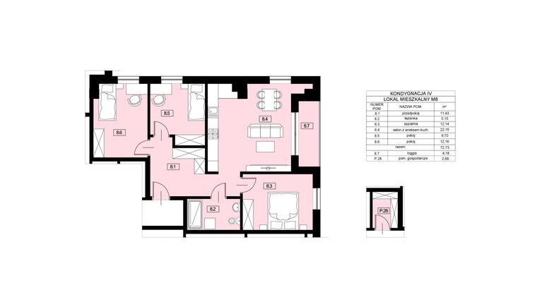 Rzut - Mieszkanie na sprzedaż 4 pokoje o powierzchni 72,73 m² - numer M8 w Nowy Świat 22