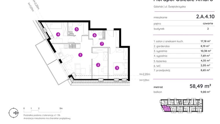 Rzut - Mieszkanie na sprzedaż 3 pokoje o powierzchni 58,49 m² - numer 2.A.4.10 w Murapol Osiedle Ambro